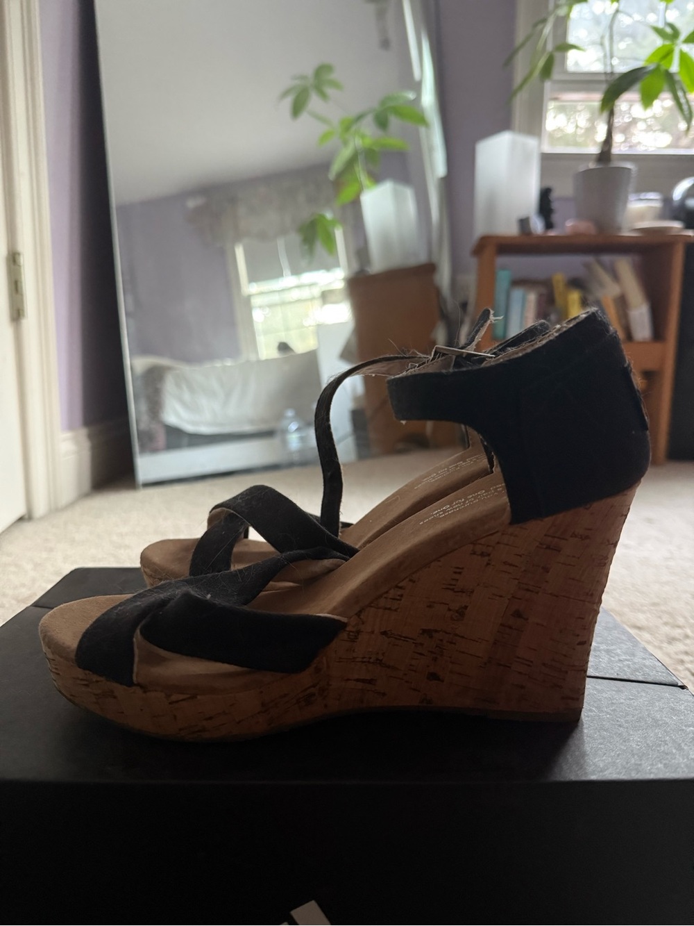 Toms Black Cork Wedge Sandals with Ankle Strap